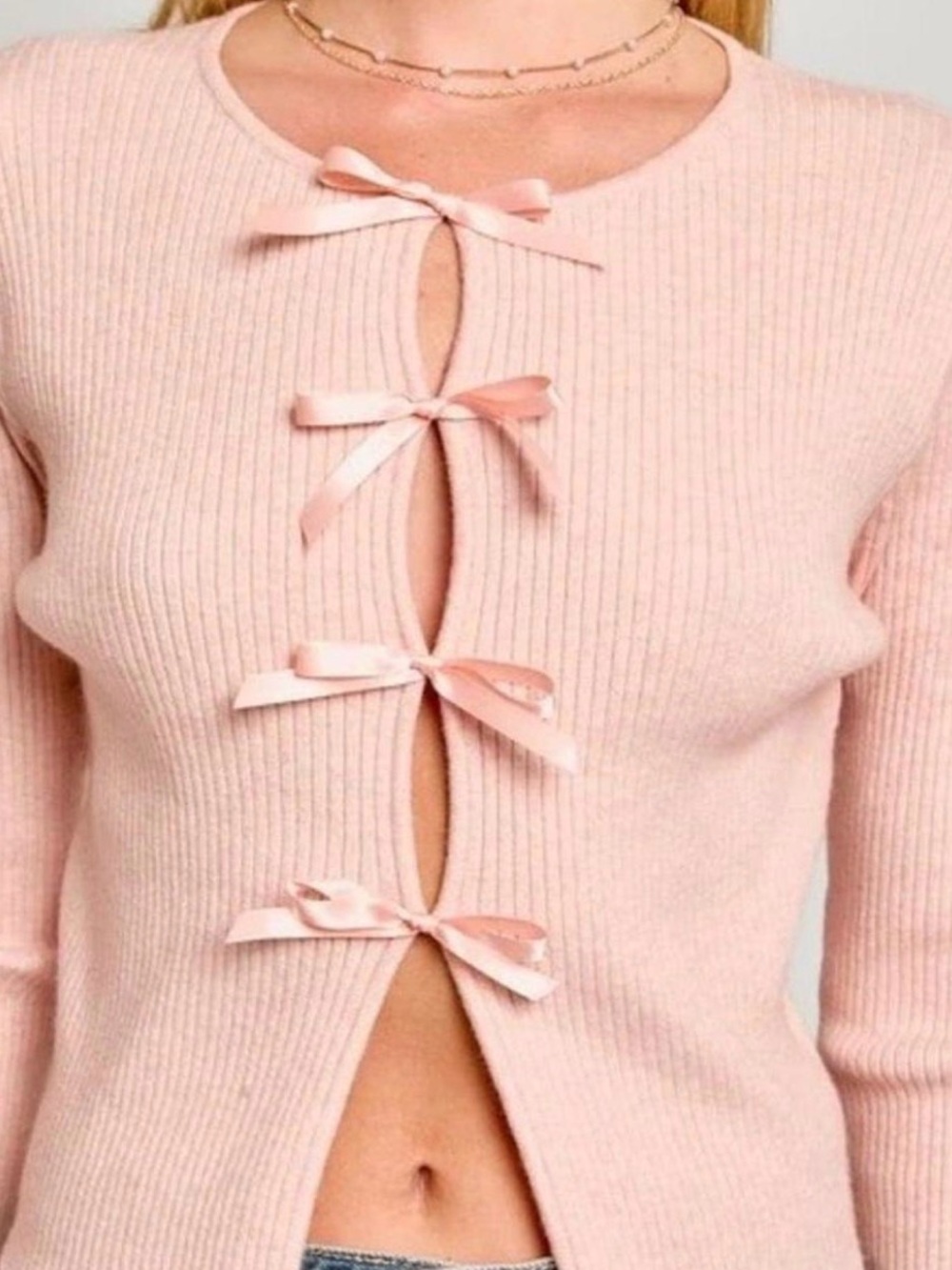 Altar'd State Blush Pink Ribbed Bow-Front Cardigan